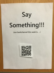I post a quick QR code on several "Say Something" mini posters around my room for quick and easy access to our Backchannel for the week. 